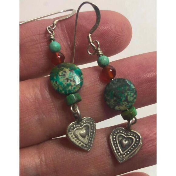 1695 Turquoise Carnelian bead heart drop Earrings 2” - Picture 1 of 1
